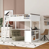 Loft Bed Queen Size, Queen Loft Bed with Desk, Open Shelf and A Storage Box for Teens, Adults & Small Bedrooms, White Bellemave