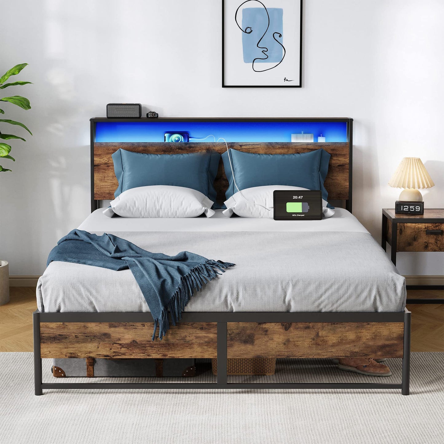 LINSY Full Bed Frame with Ergonomic Headboard, 14 inch Fast Assembly Metal Bed with Lights, Outlets & USB, Bed Frame Full Size with Storage, Noise Free, No Box Spring Needed, Rustic Brown