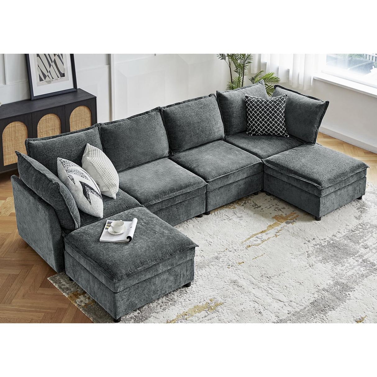HULALA HOME 127'' Modular Sectional Sofa, Oversized U Shaped Couch with Storage Ottoman, Extra Deep Seat, Modern Comfy Chenille Sofa with Chaise, 6 Seat Convertible Couches for Living Room, Grey HULALA HOME