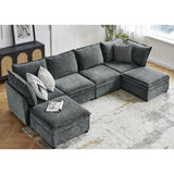 HULALA HOME 127'' Modular Sectional Sofa, Oversized U Shaped Couch with Storage Ottoman, Extra Deep Seat, Modern Comfy Chenille Sofa with Chaise, 6 Seat Convertible Couches for Living Room, Grey HULALA HOME