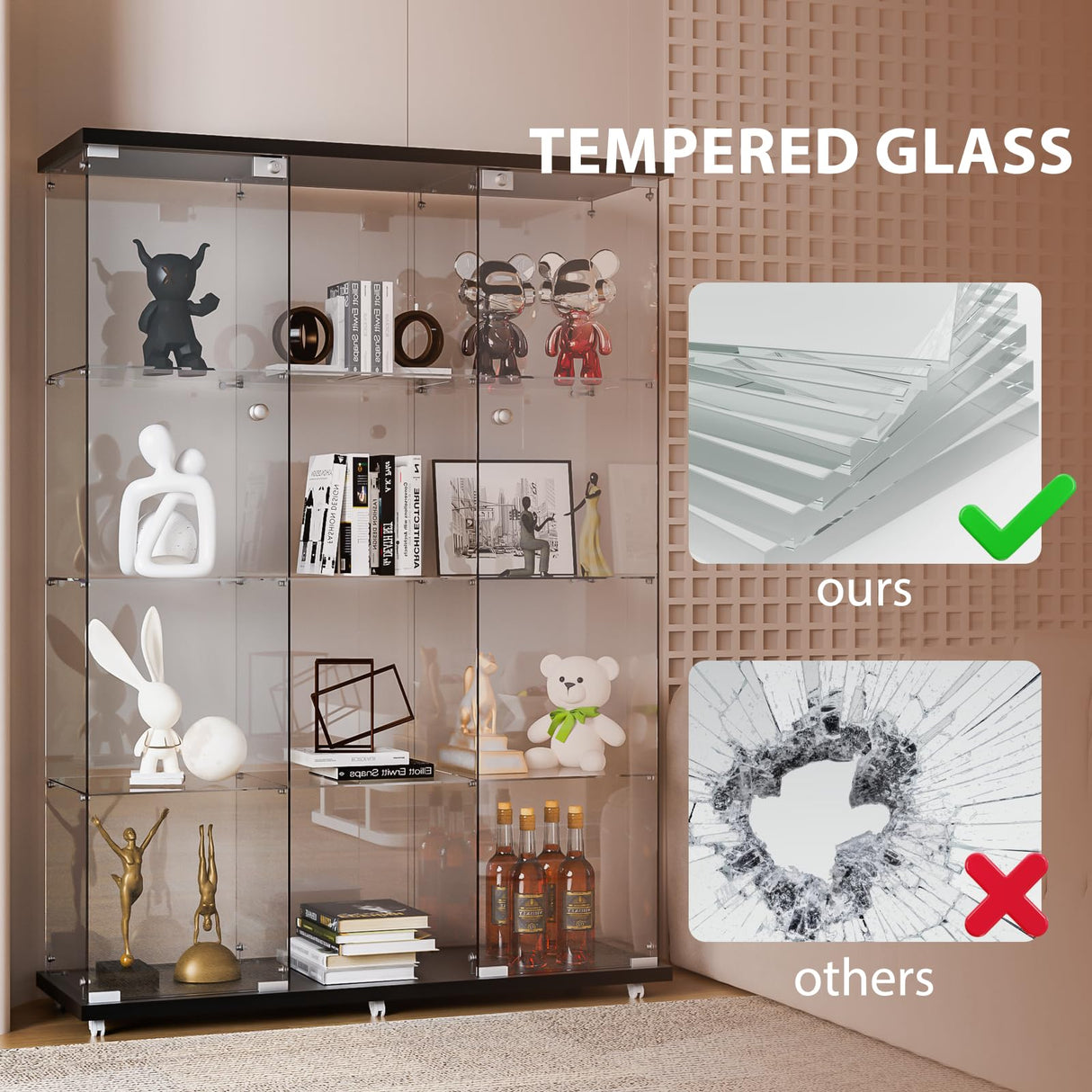 FANYUSHOW Glass Display Cabinet with 12 Shelves, 3 Columns and Lock, Extra Large DIY Curio Cabinets Quick-Install Style 5mm Tempered Glass Bookshelf for Living Room, Bedroom, Black FANYUSHOW