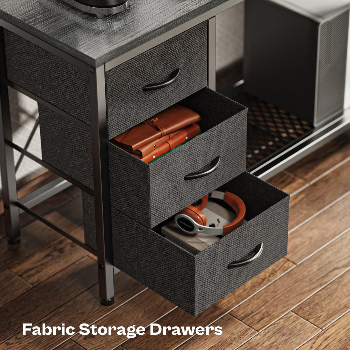 Huuger Reversible L Shaped Computer Desk with Drawers, Gaming Desk with LED Lights and Power Outlets, Office Desk with Storage Shelves, Corner Desk with Monitor Stand, for Home & Office, Gray Huuger