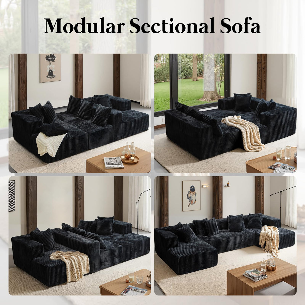 130'' U Shaped Sectional Couches for Living Room, Modular Boneless Cloud Sofa with 2 Chaise Lounges, 4-in-1 Flexible Combination Layered Foam Cushion Deep Seat Corner Couch, No Assembly Black Kelyda