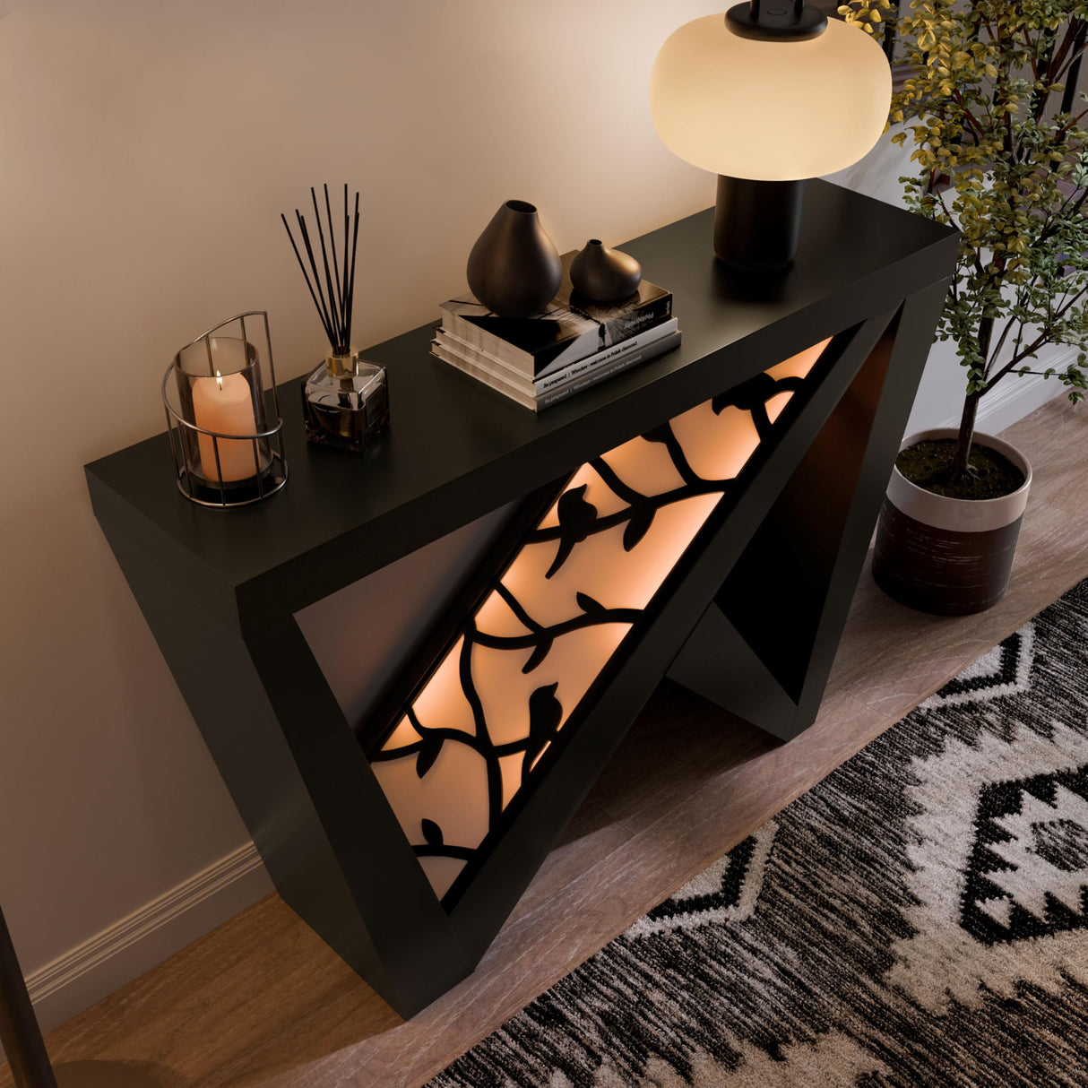 HOMES: Inside + Out Naomi Modern Decorative Accent LED Console Table with W-Shaped Legs and Remote, Wood Entryway Furniture for Living Room, Hallway, Entrance, Small Spaces, Black HOMES: INSIDE + OUT