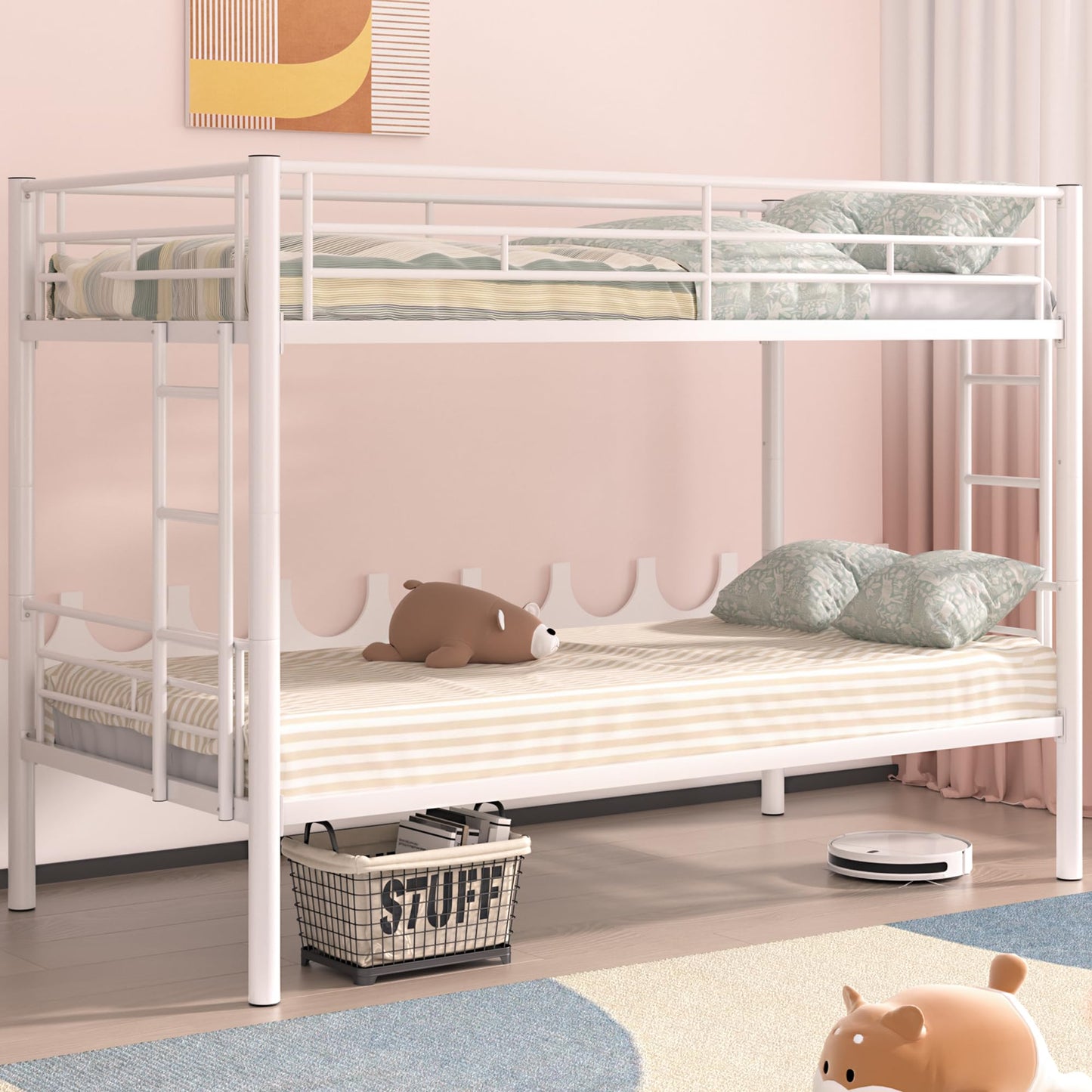 VECELO Metal Bunk Bed Twin Over Twin, Industrial Bunkbeds with Ladder and Full-Length Guardrail, Noise Free, No Box Spring Needed, Off White