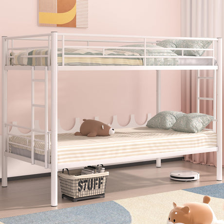 VECELO Metal Bunk Bed Twin Over Twin, Industrial Bunkbeds with Ladder and Full-Length Guardrail, Noise Free, No Box Spring Needed, Off White VECELO