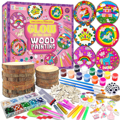 klmars Unicorn Themed Wooden Painting Kit-Glow in The Dark-Arts & Crafts Gifts for Kids Girls Ages 5-12-Wood Slice Craft Activities Kits -Unicorn Art Toys for Kids Christmas Gifts