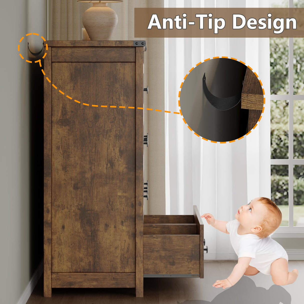 BORNOON Tall 8-Drawer Dresser, Modern Wooden Storage Chest of Drawers, Dresser TV Stand, Wood Drawer Organizer with Metal Handles for Bedroom, Living Room, Hallway BORNOON