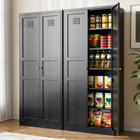 BYNSOE 71'' Kitchen Pantry Storage Cabinet with 5 Adjustable Shelves Metal Pantry Storage Cabinet with Ventilation Cupboard Cabinet for Kitchen, Living Room Dinning Room Bathroom. (Black, 71 inch) BYNSOE