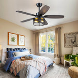 Farmhouse Ceiling Fan with Light and Remote,48" Black Industrial Caged Flush Mount Ceiling Fans for Bedroom,Living room Rustic Fandelier for Patio 6 Speed Reversible,5 Dual Blades Indoor/Outdoor Hounberi