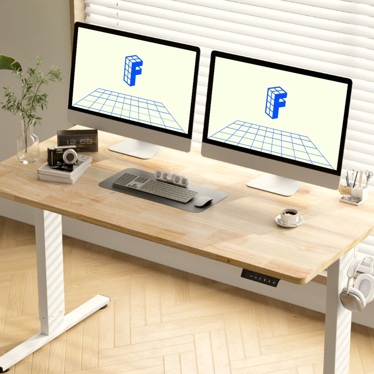 FLEXISPOT EN1 One-Piece Solid Wooden Standing Desk 63 x 24 Inches Height Adjustable Electric Sit Stand Home Office Desks (White Frame + Rubber Wood Top, 2 Packages) FLEXISPOT