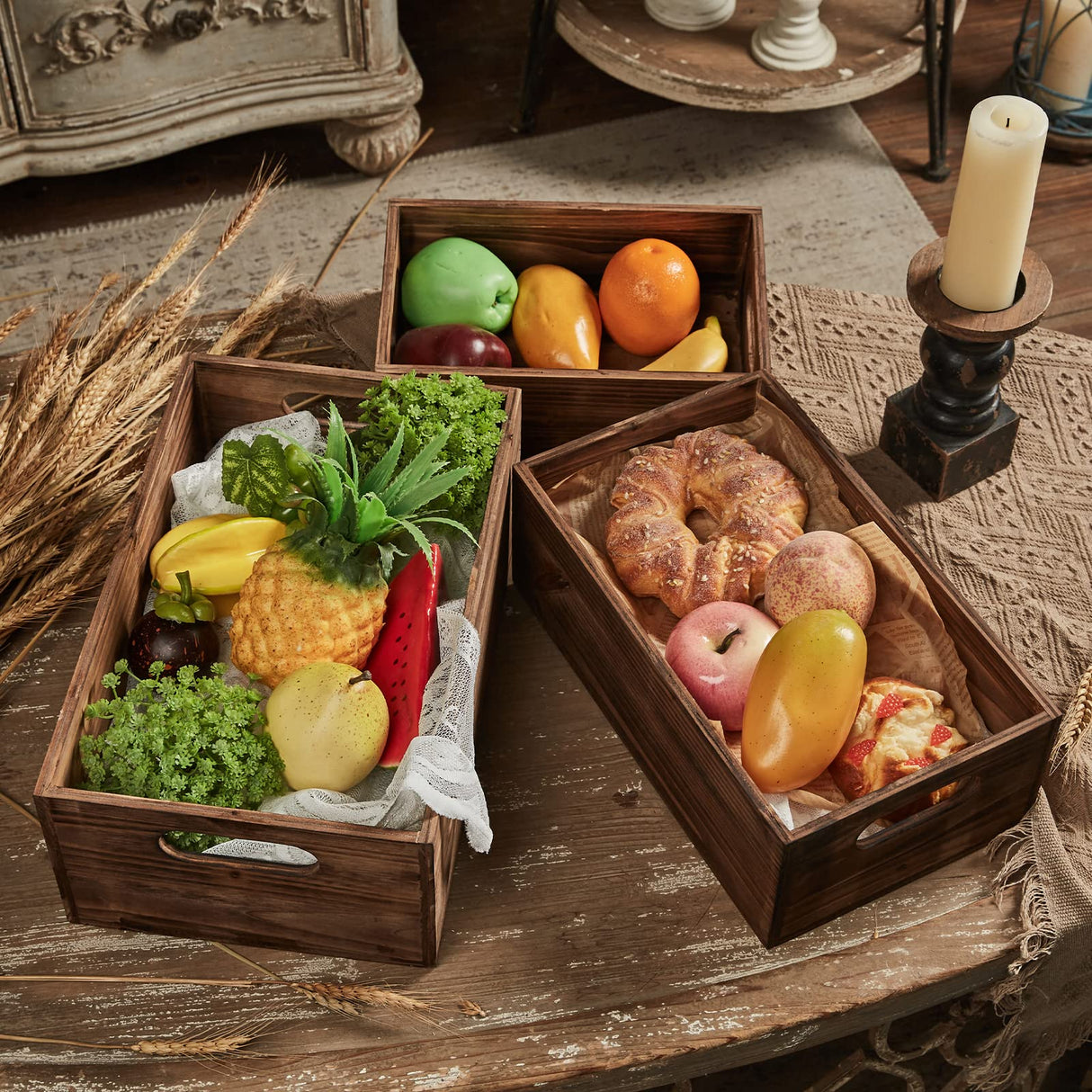 Sintosin Farmhouse Wood Crate Box Set of 3, Distressed Wooden Crates for Display, Decorative Wood Storage Bins, Rustic Wooden Basket with Side Handles, Home Container Decor for Living Room Outdoor Sintosin