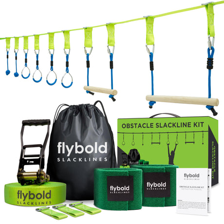Flybold Obstacle Course for Kids - 40 Ft Ninja Warrior Slackline Kit with 8 Adjustable Obstacles - Tree Protectors, Twin Gear Ratchets, Carry Bag - Complete Outdoor Adventure Set flybold