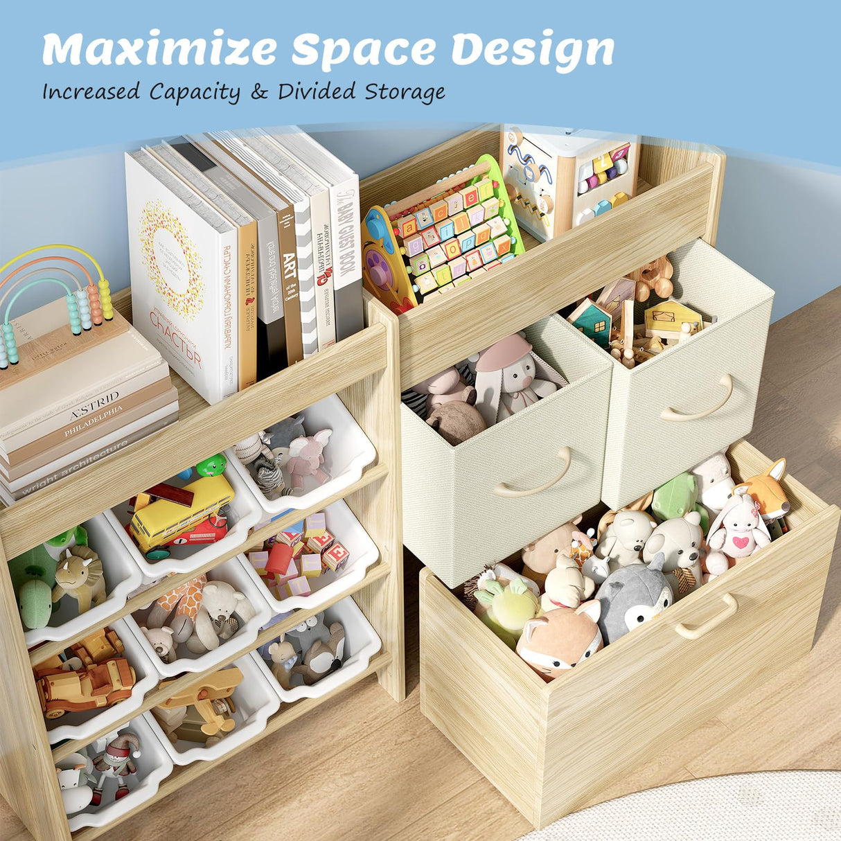 Toy Storage Organizer for Kids, 9-Bin Toy Organizer with 2-Drawers,Movable Toy Chest and Top Rack, Multifunctional Kids Bookshelf and Toy Storage for Living Room, Playroom, Bedroom, Nursery, White EXPERLAM