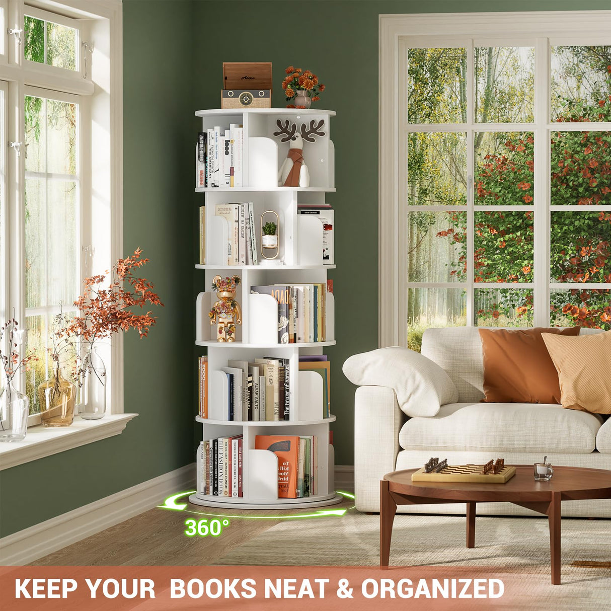 Besiost Rotating Bookshelf Tower, 5 Tier Spinning Bookcase, Revolving 360 Book Shelf Narrow Tall Bookcase, Vertical Turning Round Bookshelf Organizer, Wood Corner Book Shelf for Small Space, White Besiost