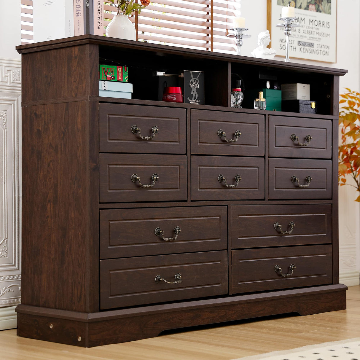 EnHomee Farmhouse Dresser for Bedroom 55.2''Wide Wood Dresser with LED & Power Outlet Vintage 10 Drawers Dressers & Chests of Drawers Long Dresser TV Stand, Closet, Entryway, Rustic Brown EnHomee