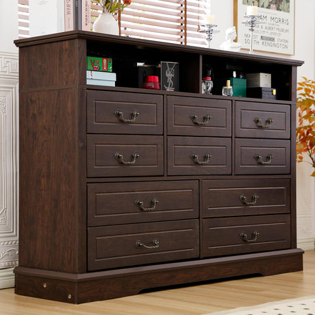 EnHomee Farmhouse Dresser for Bedroom 55.2''Wide Wood Dresser with LED & Power Outlet Vintage 10 Drawers Dressers & Chests of Drawers Long Dresser TV Stand, Closet, Entryway, Rustic Brown EnHomee