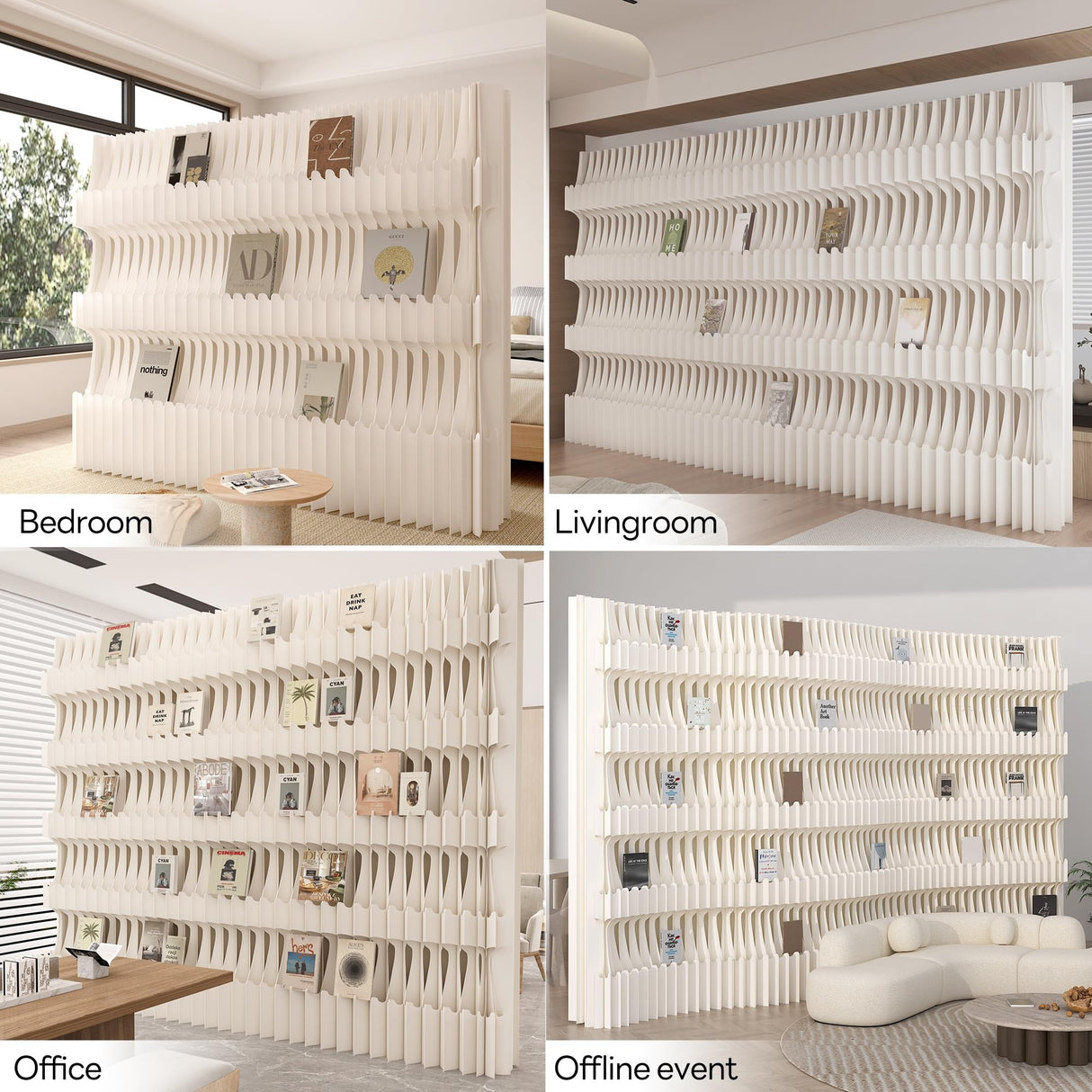 Folding Paper Room Divider Bookshelf with 3 Tier Storage Shelves, Portable DIY Decorative Privacy Screens Partition Wall for Space Separation/Home/Office/Library/Exhibition HELLOPAPO