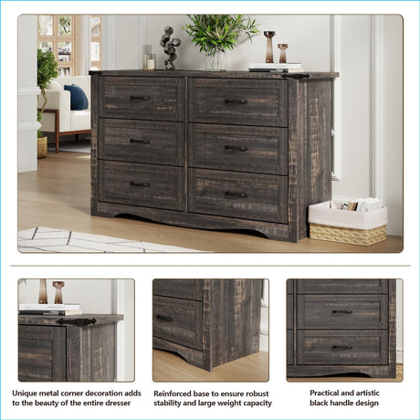 Farmhouse 6 Drawer Dresser for Bedroom, Wood Dresser Chest of Drawers, Wide Dressers Organizer with Metal Handles, Natural Texture Storage Cabinet for Closet, Living Room, Hallway (Dark Rustic Oak) Gyfimoie