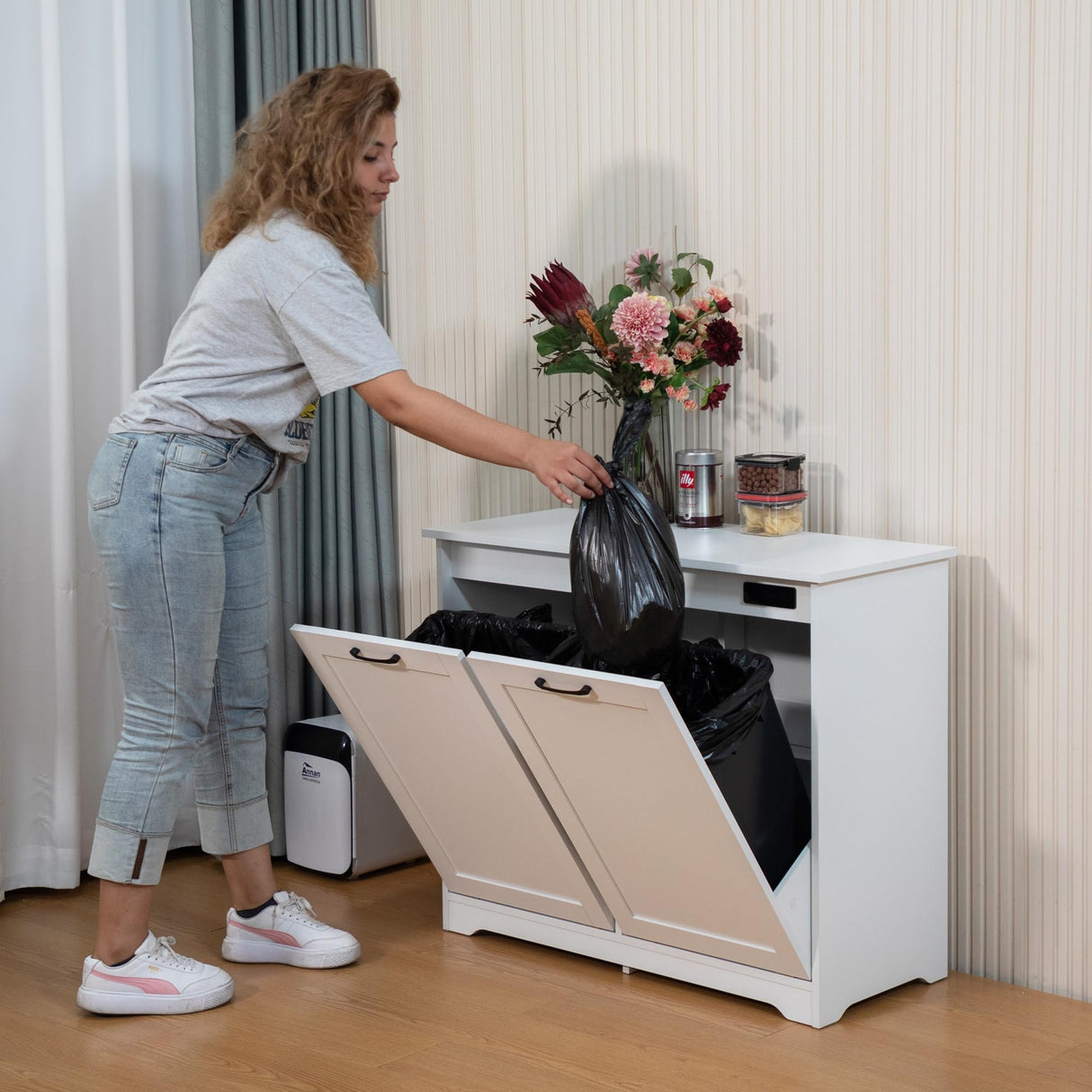 JAXPETY Double Tilt Out Trash Cabinet, Kitchen Hidden Garbage Can with Negative Ion & Deodorizing Function,Free Standing Recycling,Dog Proof 10 Gallon Trash Bin Cabinet for Bathroom, Living Room JAXPETY