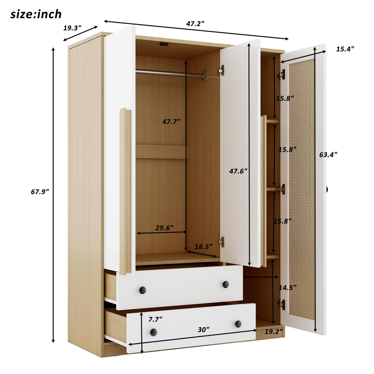 Merax 3-Doors Wooden Rattan Wardrobe Storage Shelves and Hanging Rail for Clothes for Bedroom, with 2 Drawers, White+Nature Merax