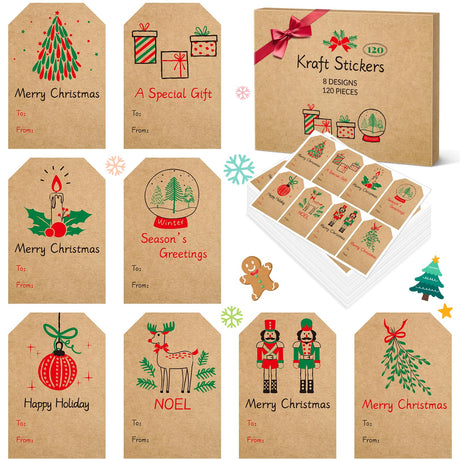 Sooez Christmas Gift Tags, Natural Kraft Gift Stickers for Christmas Presents, Self Adhesive to and from Name Tags, 120Pcs Xmas Present Labels for Holiday Wrapping Paper, 8 Designs, 2" x 3", Green Sooez