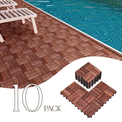 TimberWave Pack of 10 Deck Tiles, Solid Acacia Wood Floor Tiles, Patio Tiles Outdoor Interlocking Waterproof All Weather, with Grooves Decrease Skidding (10, Dark Brown, 12" x 12" - 12 Slat) - WoodArtSupply