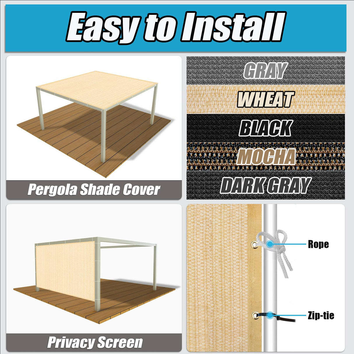 Amagenix 90% Pergola Shade Cover 16'X 16' Wheat Sun Shade Cloth with Grommets GN08 for Outdoor Garden Patio Porch, Commercial Grade 200 GSM - Cable Zip Ties Included (We Customized) Amagenix