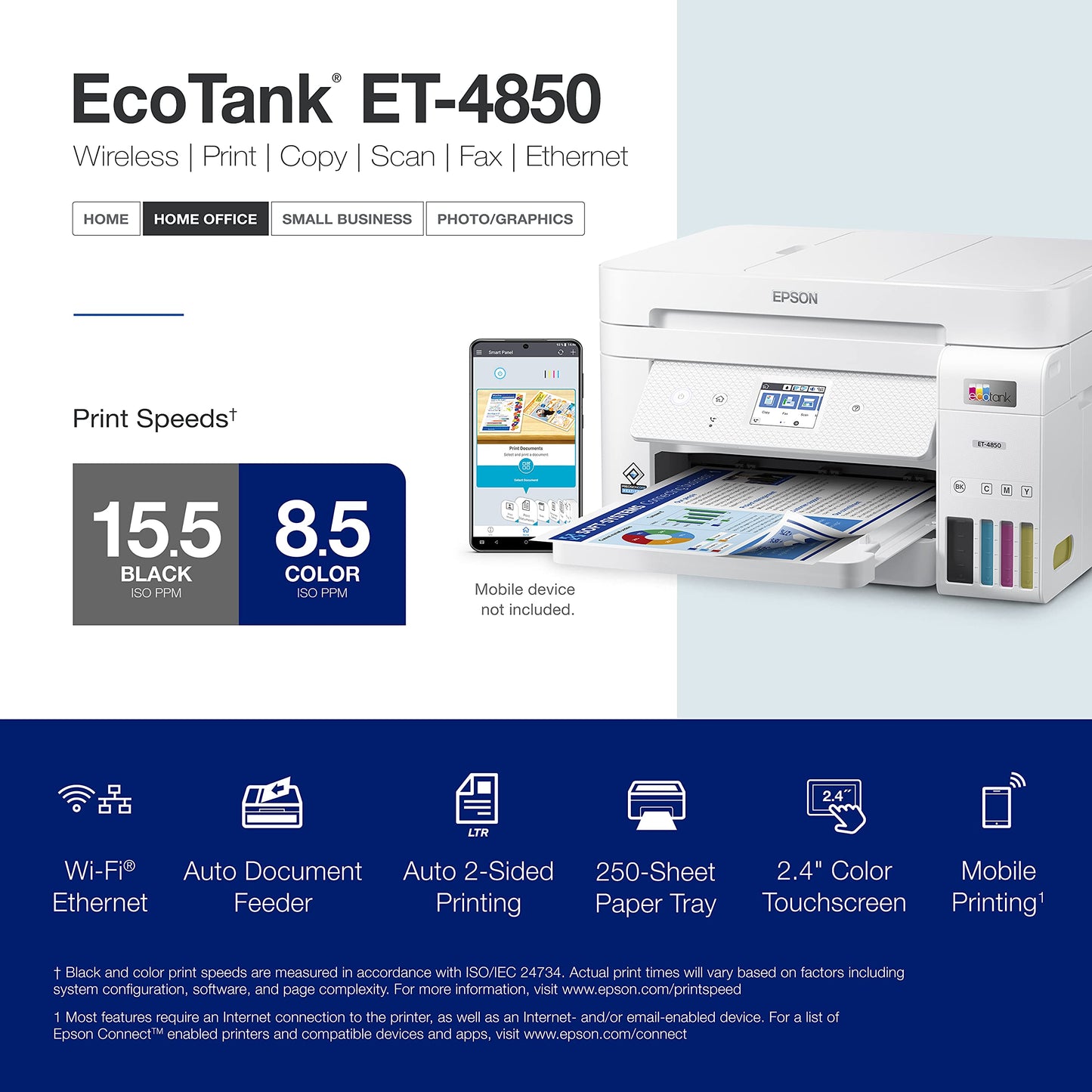 Epson EcoTank ET-4850 Wireless All-in-One Cartridge-Free Supertank Printer with Scanner, Copier, Fax, ADF and Ethernet – The Perfect Printer Office - White, Medium