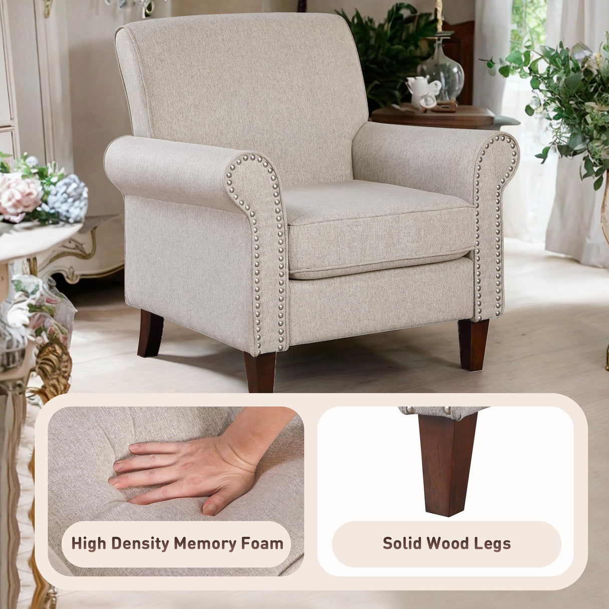 Prilinex Upholstered Living Room Chair - Large Comfy Fabric Accent Chair Single Sofa with Cushion, Rolled Armrest & Nailhead Trim, Mid Century Farmhouse Armchair for Bedroom, Office, Beige Prilinex