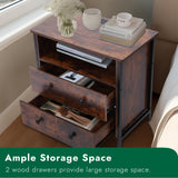 Tykacna 27 Inch Wide Night Stand, Wooden Night Stand with 2 Drawers, LED Nightstands with Charging Station and Adjustable Drawer for Living Room/Bedroom/Study/Office Nightstand, Retro Brown. Tykacna