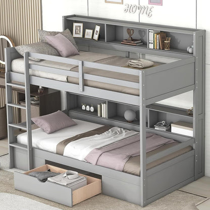 Harper & Bright Designs Twin Over Twin Bunk Bed with Storage Drawer, Solid Wood Bunk Bed with Built-in Shelves Beside Both Upper and Down Bed, for Kids Teens Adults (Gray)