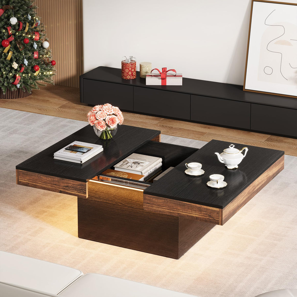 VANOMi 35-inch Square Coffee Table with LED Light, Modern LED Centre Table with Storage, Wood Coffee Table for Living Room,Large Cocktail Table for Living Room VANOMi