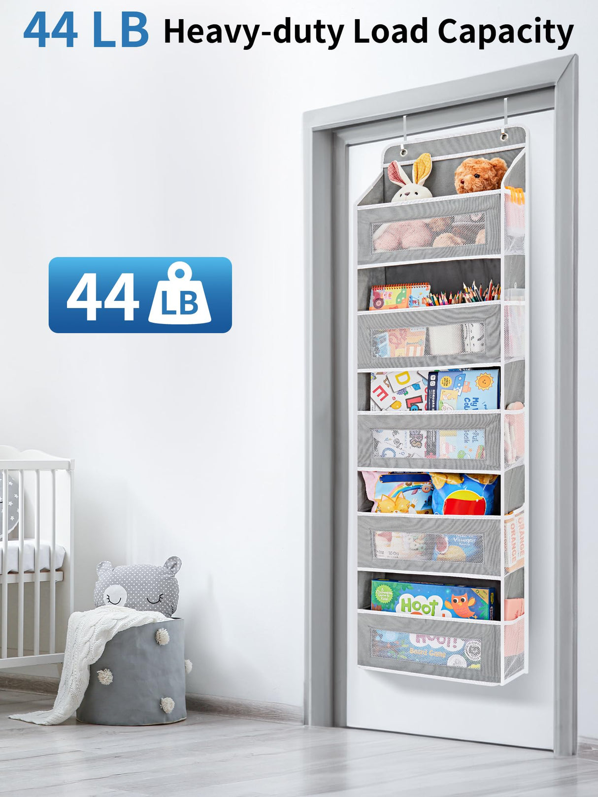 JARLINK Over The Door Organizer Storage, 5 Shelf Hanging Door Organizer with 5 Large Capacity Pockets, Anti Tilt 44 lb Load Behind Door Organizer for Bedroom, Bathroom, Pantry, Nursery, (Grey) JARLINK