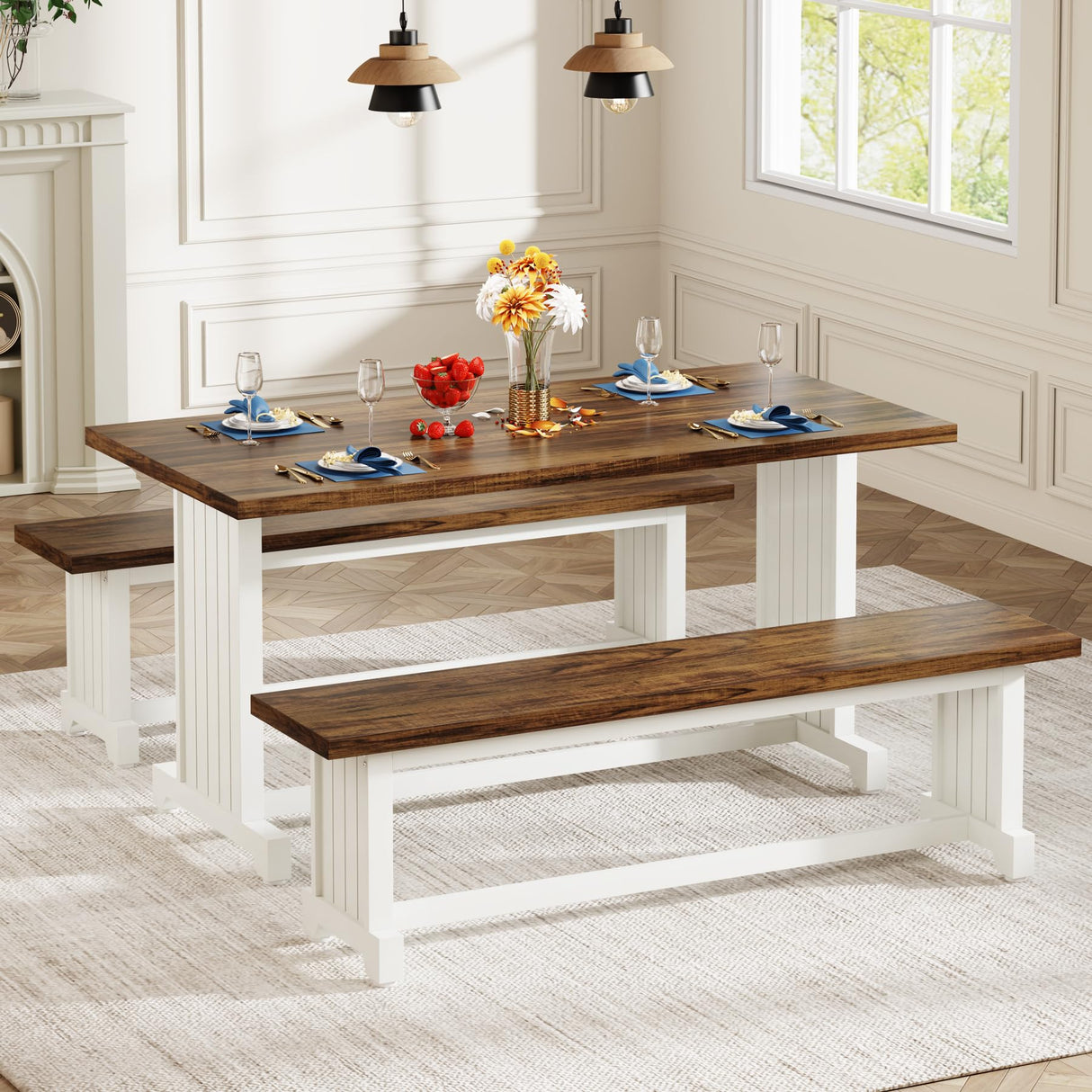 Tribesigns 47" Dining Table Set for 4-6, 3-Piece Kitchen Room Table with 2 Benches, Farmhouse Wood Dinner Table for Small Space, Home Kitchen, White & Rustic Brown Tribesigns