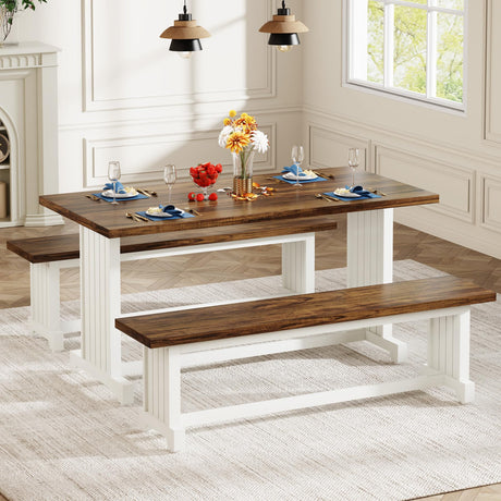 Tribesigns 47" Dining Table Set for 4, 3-Piece Kitchen Room Table with 2 Benches, Farmhouse Wood Dinner Furniture for Small Space, Home Living Room, White & Rustic Brown Tribesigns