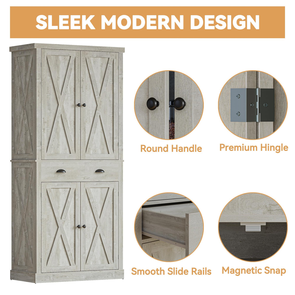 IRONCK Kitchen Pantry Storage Cabinet 72.6" H, with Barn Doors, Drawer, 4 Adjustable Shelves, Freestanding Cupboard for Dining Room Living Room, Laundry, Rustic Maple IRONCK