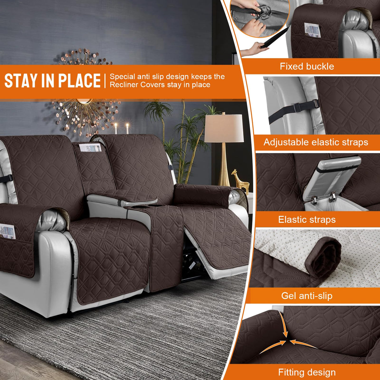 VANSOFY Loveseat Recliner Cover with Console 100% Waterproof Sofa Slipcovers Non-Slip Reclining Couch Covers Split Sofa Cover Furniture Protector for Pets, Dogs(Chocolate) VANSOFY