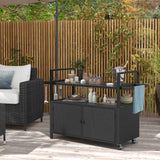 Tangkula Outdoor Bar Cart Table, Patiojoy Rolling Wicker Buffet Wheeled Serving Cart with Tempered Glass Top, Storage Cabinet & 8 Hooks, for Porch Backyard Garden Poolside (Black) Tangkula