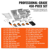 VEVOR Mechanics Tool Set and Socket Set, 1/4" 3/8" 1/2" Drive Deep and Standard Sockets, 450 Pcs SAE and Metric Mechanic Tool Kit with Bits, Combination Wrench, Hex Wrenches, Accessories, Storage Case VEVOR