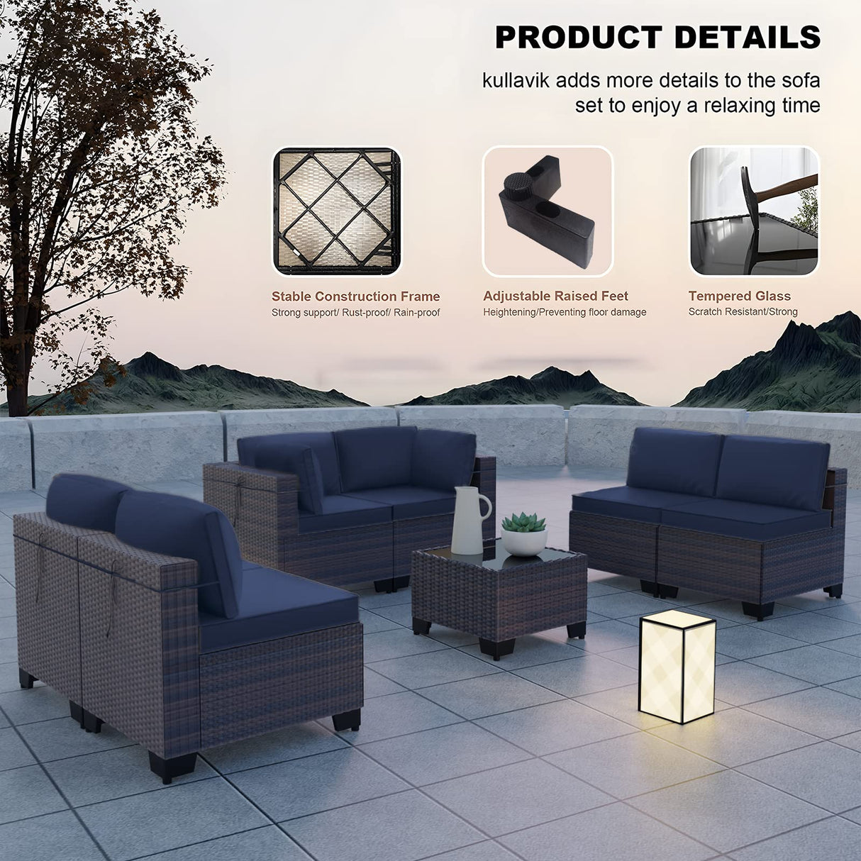 Kullavik 7 Pieces Outdoor Patio Furniture Set Sectional Rattan Sofa Brown Manual Wicker Patio Conversation Set with Navy Blue Cushions,1 Tempered Glass Tea Table and Cushions Covers Kullavik