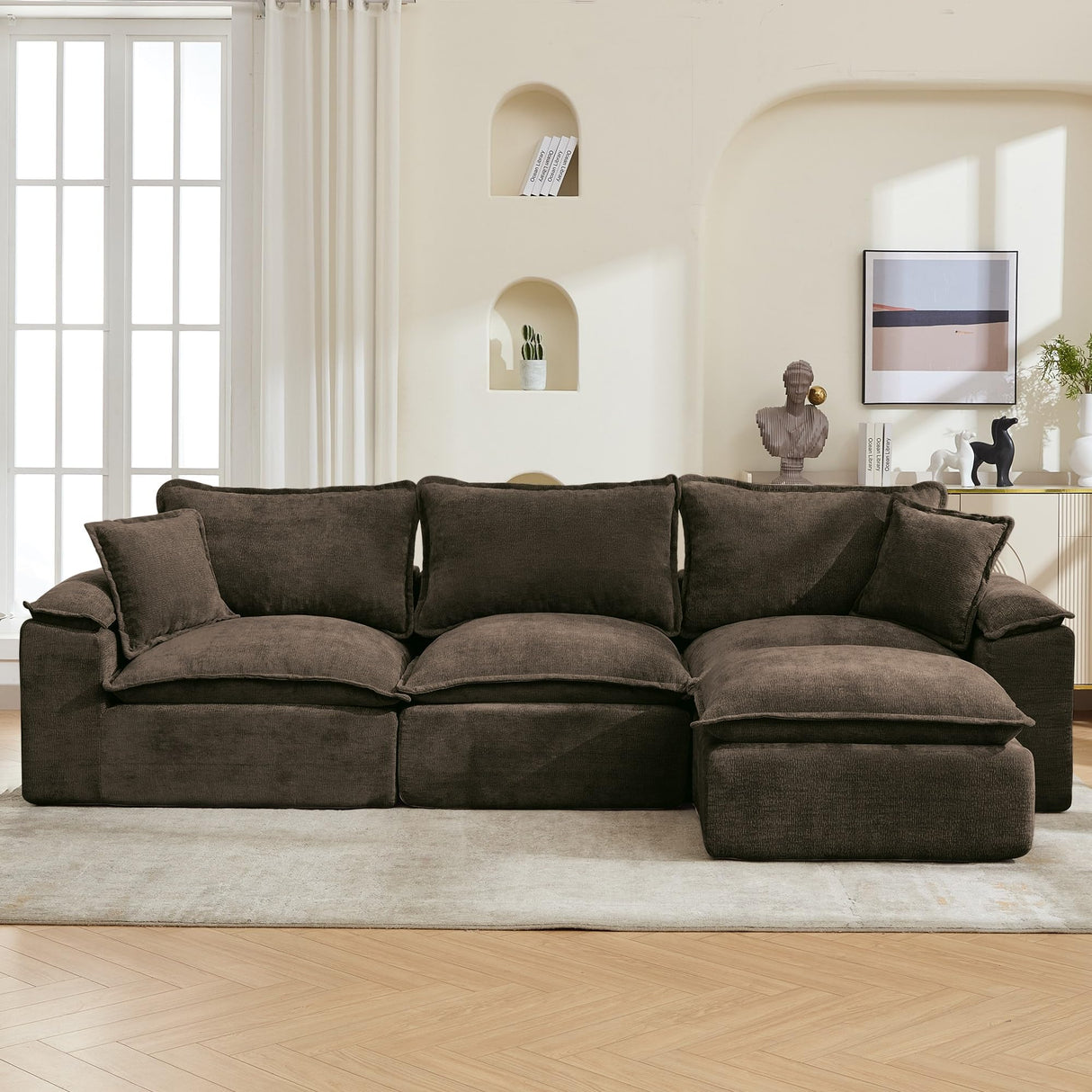 Korser 122" Sectional Couches for Living Room, Modular Boneless Couch with Deep Seat & Fluffy Cushion, Cozy Double-Layer Cushioned Sofa with Convertible Ottoman, Comfy Cloud Sofa, No Assembly Required Korser