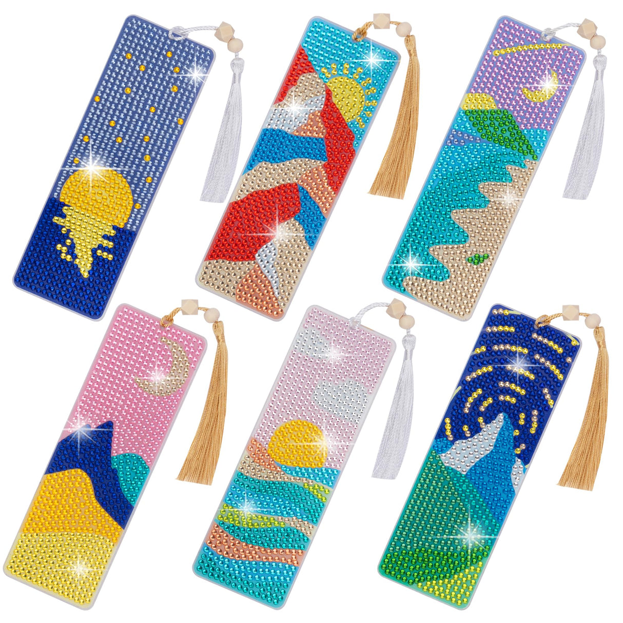 SWATOM 6 Pcs 5D Diamond Painting Bookmarks Sun & Moon Nature Acrylic Diamond Art Bookmark with DIY Painting Kits Tassels & Wood Beads Pendant Rhinestone Bookmarks SWATOM