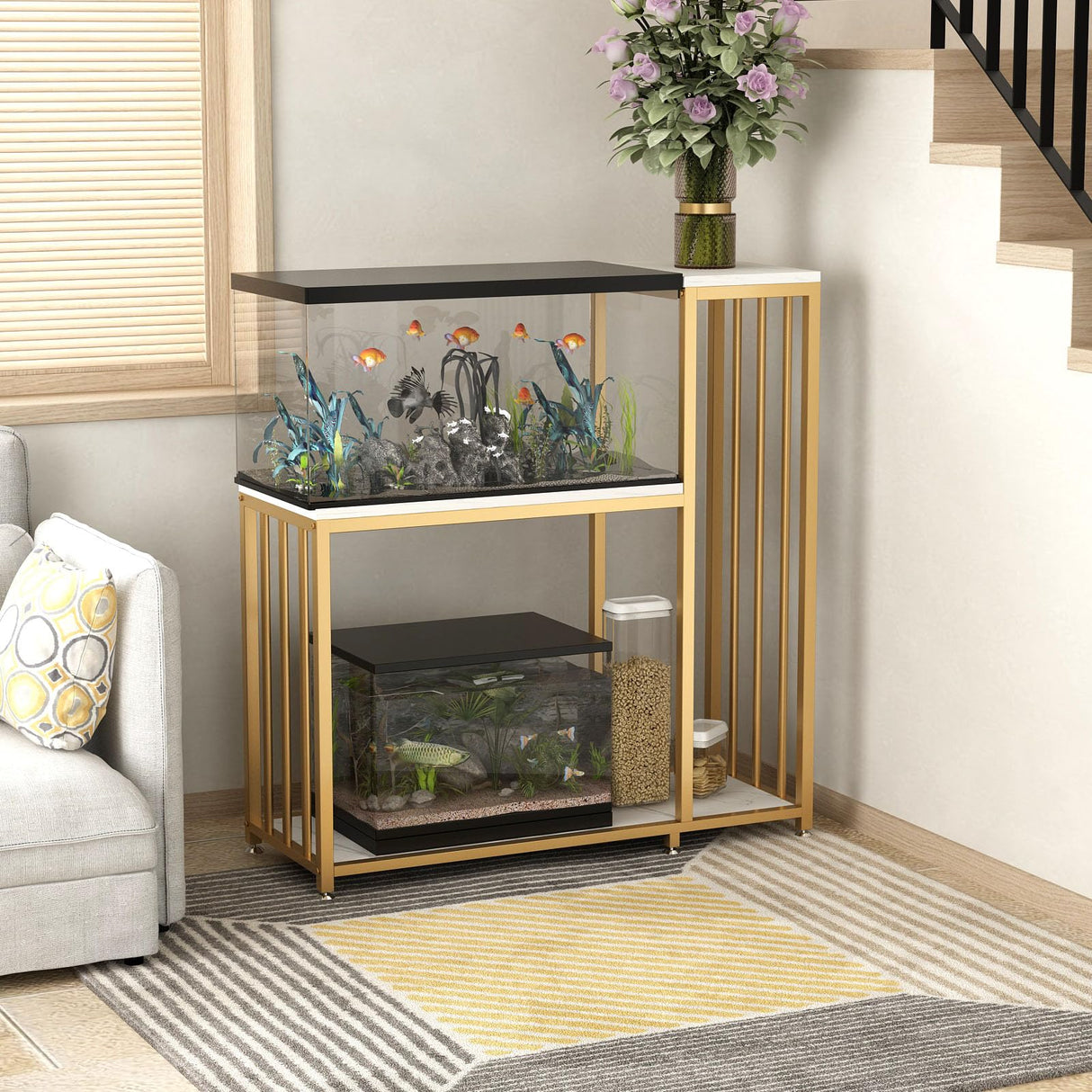 WOULHOMY 29 Gallon Fish Tank Stand, Metal Aquarium Stand with Shelves for Fish Tank Accessories Storage, Reptile Tank Turtle Terrariums Stand for Home Office (Gold) WOULHOMY