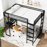 JINS&VICO Twin Size Loft Bed with Desk and Shelves, Metal Loft Bed Frame with 2 Built-in Ladders, Guardrail, Loft Bed for Juniors, Adults, Noise-Free & No Box Spring Needed, Black JINS&VICO