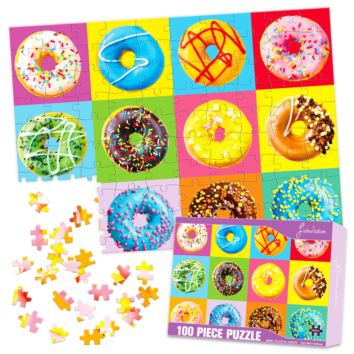 fishwisdom 100 Piece Donuts Jigsaw Puzzle for Kids Teens Age 4-8 Gift Family Time (Donuts) fishwisdom