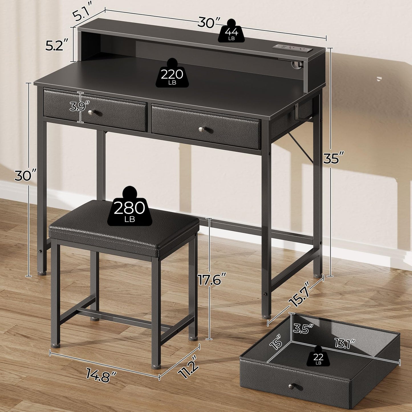 Seventable Vanity Desk Without Mirror, Makeup Vanity with Drawers and Charging Station, Small Desk with Storage for Bedroom, Simple Home Office Computer Desk for Small Spaces, Black