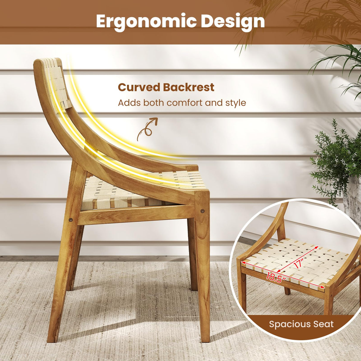 Tangkula Outdoor Dining Chair Set of 4, Teak Wood Armless Patio Chair w/Webbing Seat & Backrest, Mid Century Wooden Chair for Dining Room, Porch, Backyard, Lawn, Garden, Deck (Natural,4) Tangkula