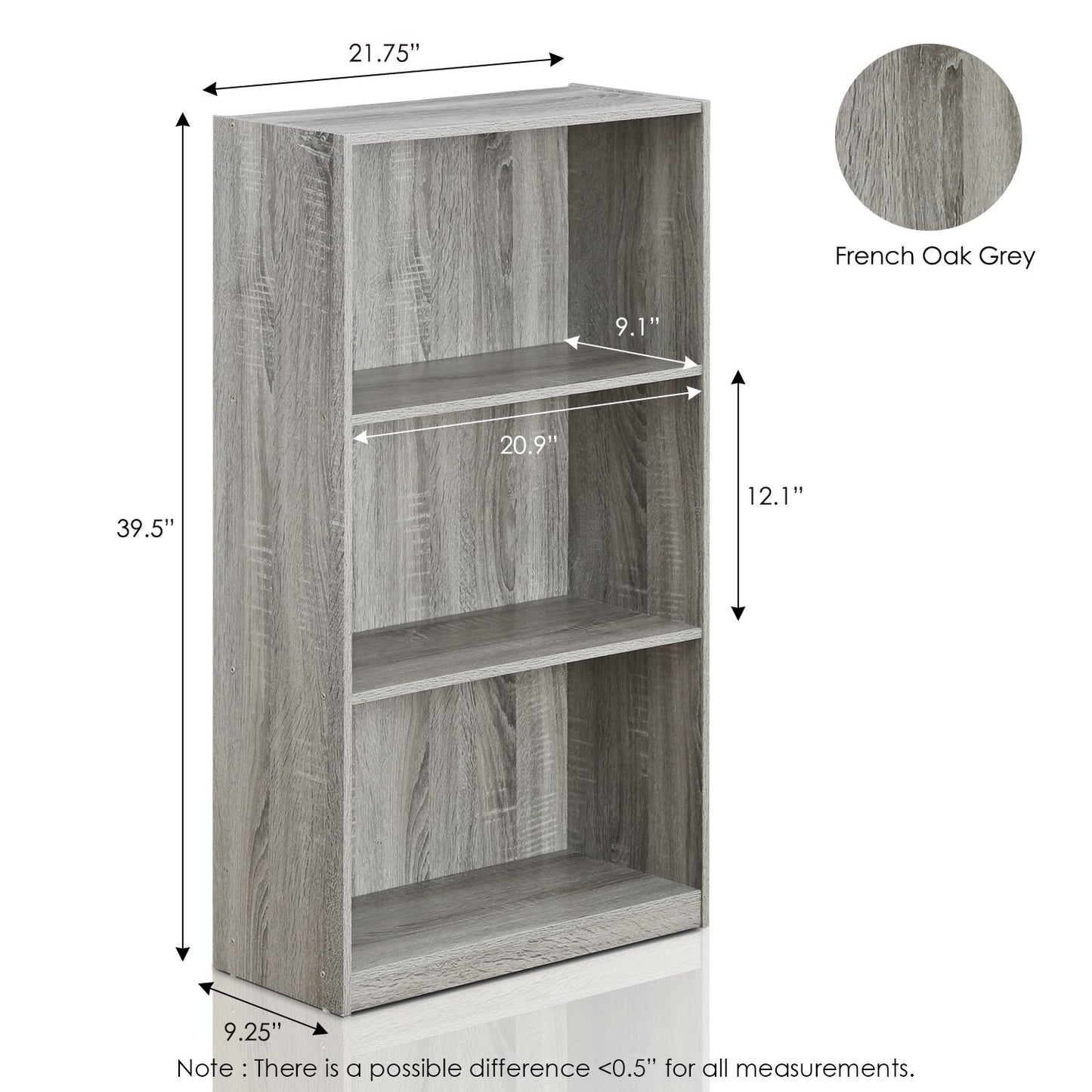 Furinno Basic 3-Tier Bookcase Storage Shelves, French Oak Grey - WoodArtSupply