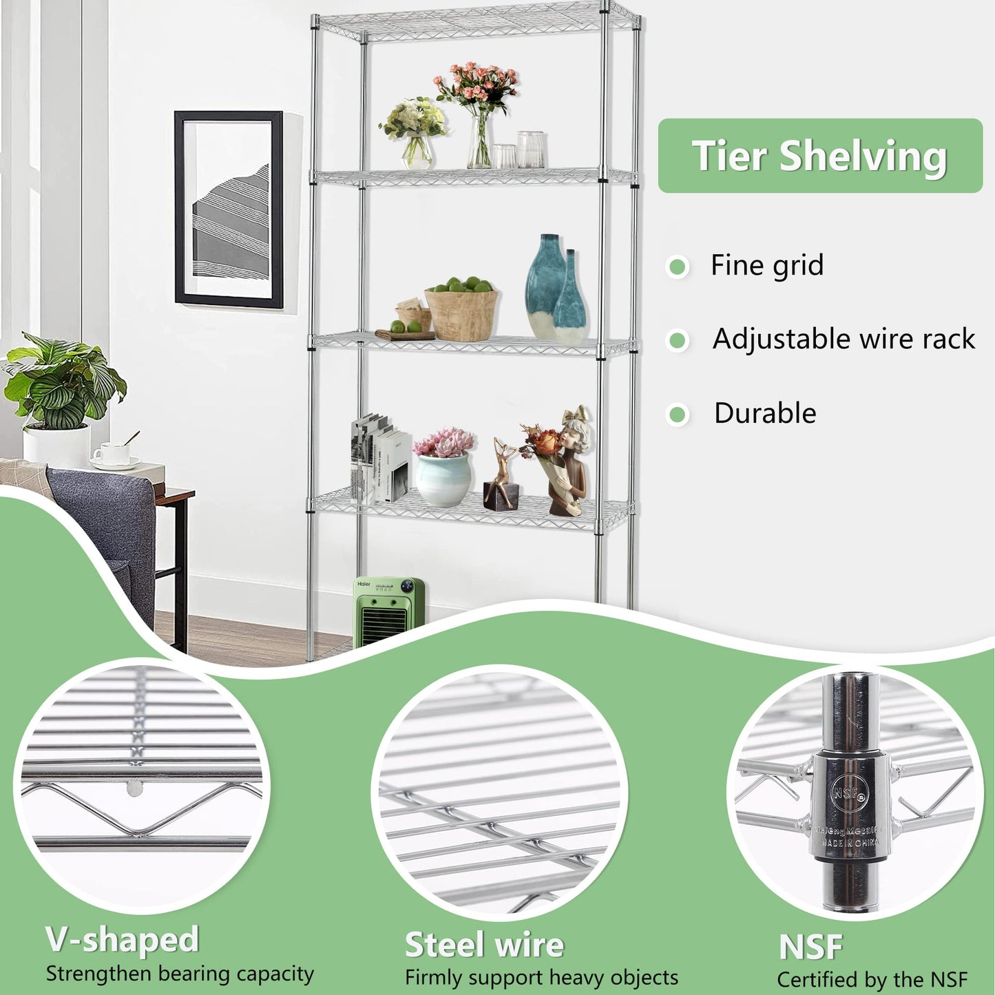 FDW 14" D×24" W×60" H Wire Shelving Unit Metal Commercial Shelf with 5 Tier Layer Rack Strong Steel for Restaurant Garage Pantry Kitchen Garage,Chrome